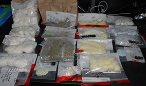 Display of a drug seizure, powders, pills and vegetative matter